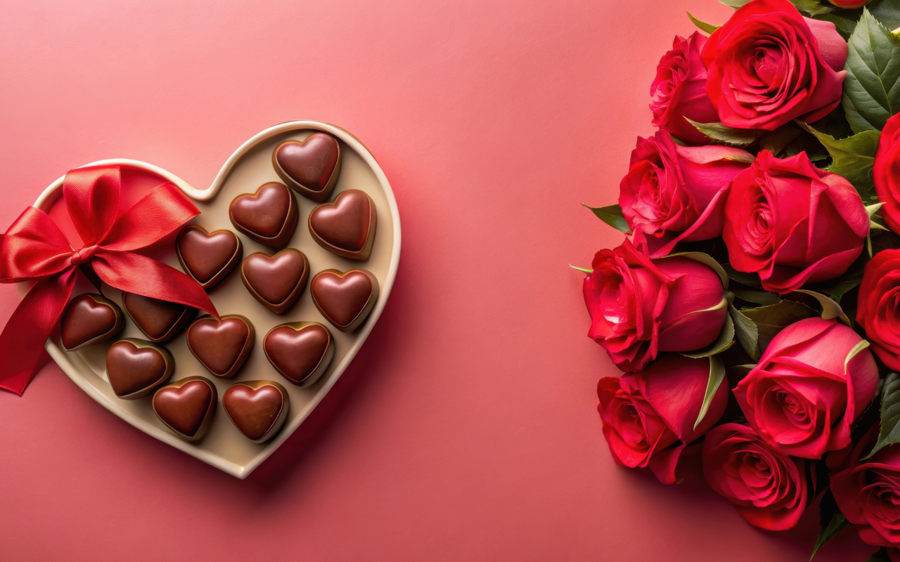 rote Rosen und Schokolade als Valentinstaggeschenk