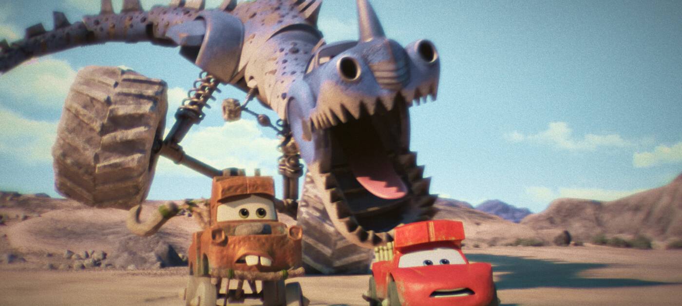 Die beiden Freunde müssen vor einem Dino fliehen.