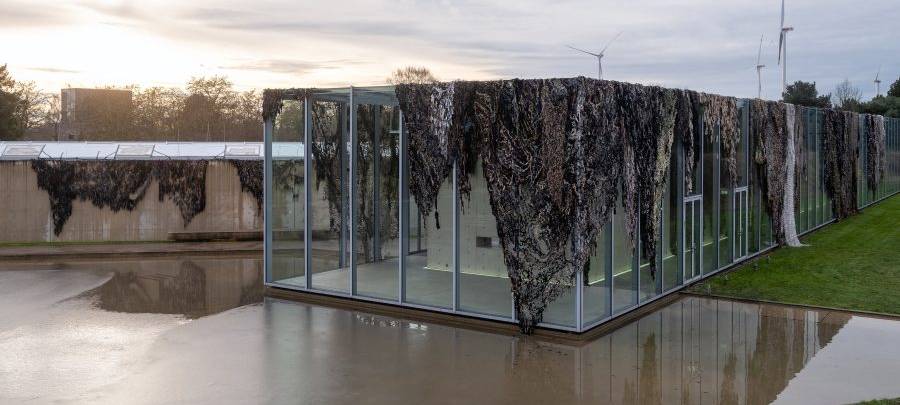 Tarnnetze verhüllen Langen Foundation bei Neuss