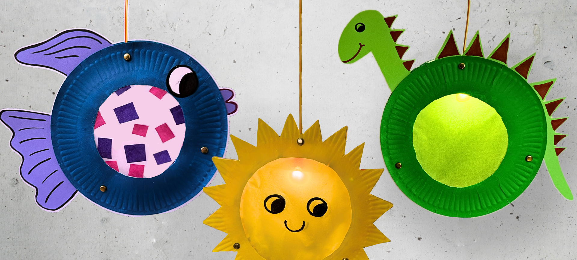 Laternen basteln aus Papptellern - 3 Varianten: Regenbogenfisch, Sonne und Dino